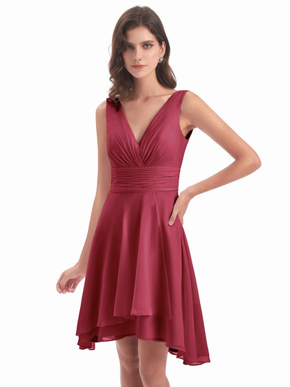 Esperanza Knee Length High Low V-neck Chiffon Bridesmaid Dresses