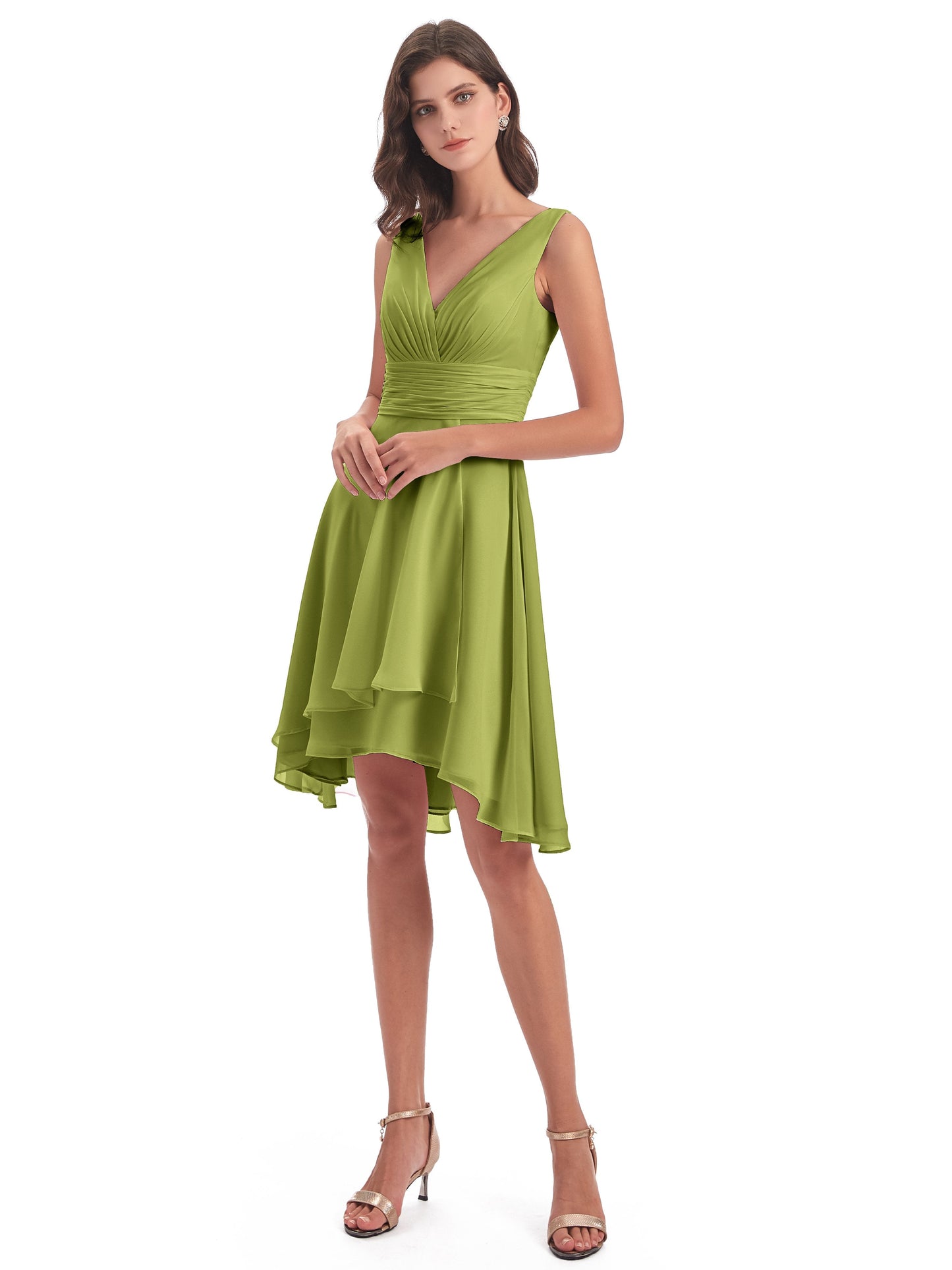 Esperanza Knee Length High Low V-neck Chiffon Bridesmaid Dresses