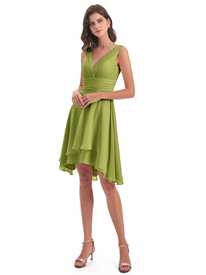 Esperanza Knee Length High Low V-neck Chiffon Bridesmaid Dresses