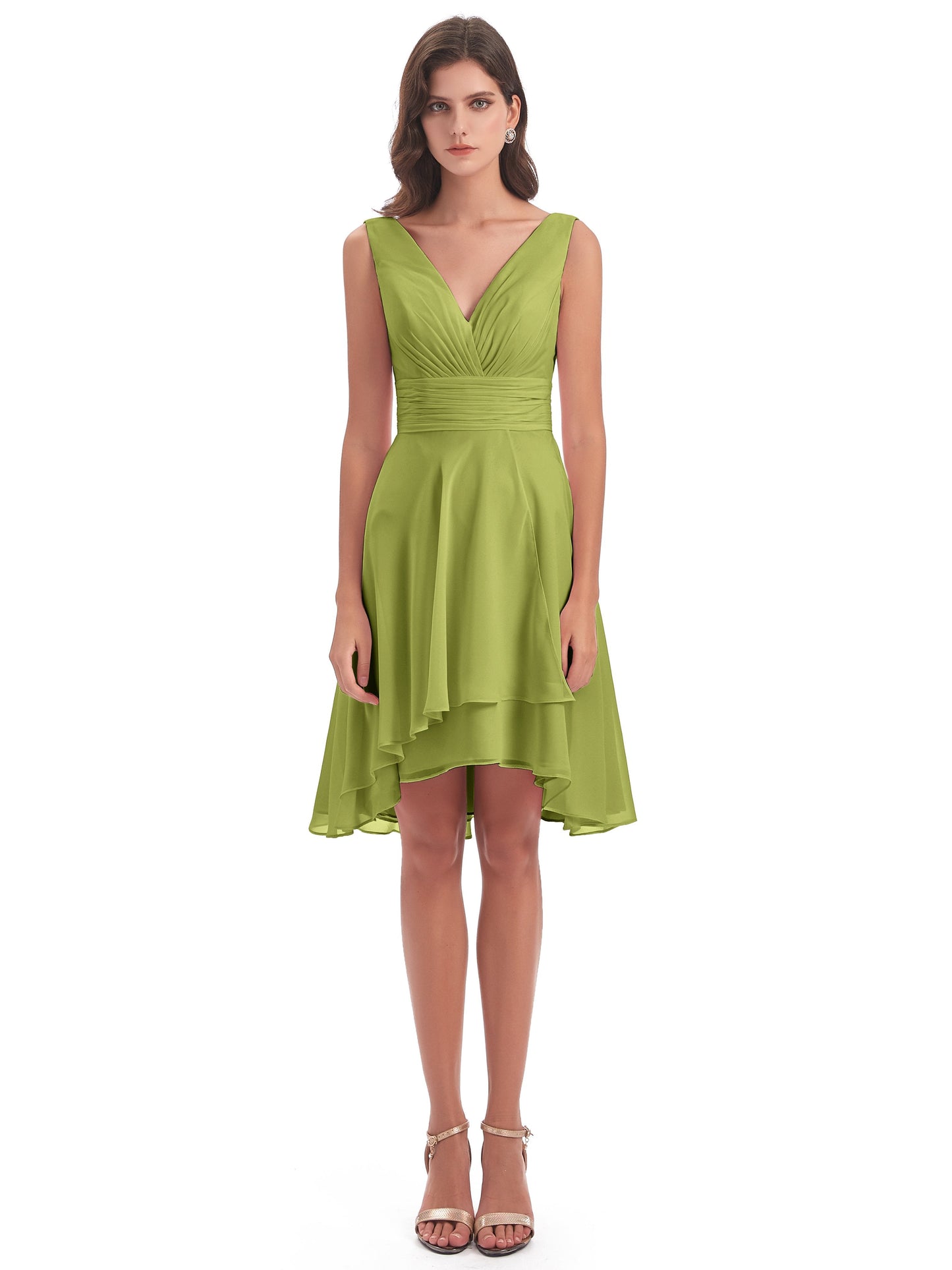 Esperanza Knee Length High Low V-neck Chiffon Bridesmaid Dresses