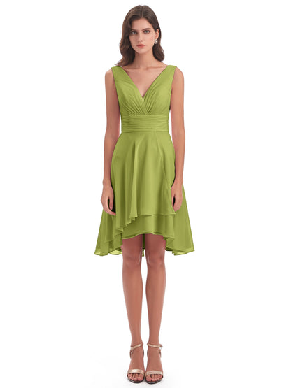 Esperanza Knee Length High Low V-neck Chiffon Bridesmaid Dresses