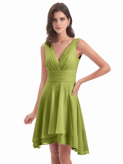 Esperanza Knee Length High Low V-neck Chiffon Bridesmaid Dresses