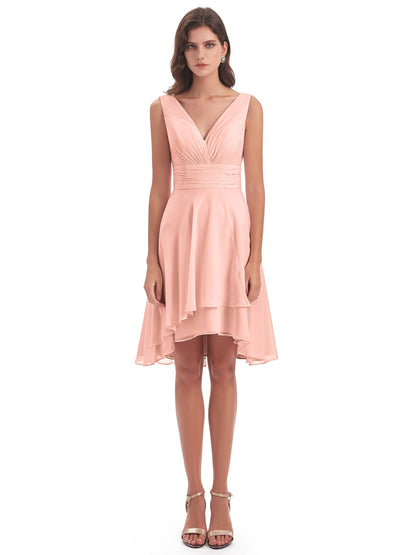 Esperanza Knee Length High Low V-neck Chiffon Bridesmaid Dresses