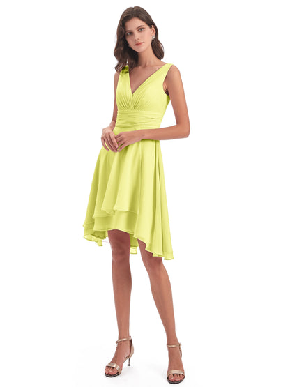 Esperanza Knee Length High Low V-neck Chiffon Bridesmaid Dresses