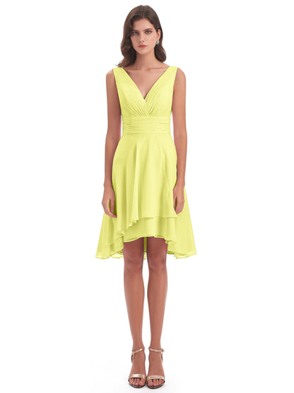 Esperanza Knee Length High Low V-neck Chiffon Bridesmaid Dresses