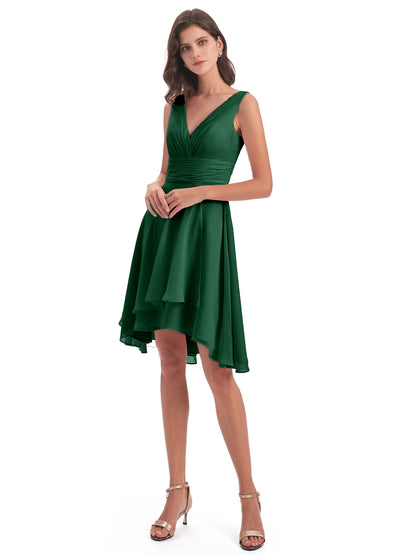 Esperanza Knee Length High Low V-neck Chiffon Bridesmaid Dresses