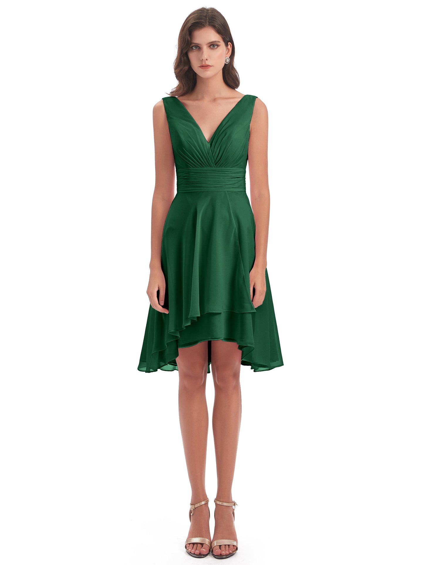 Esperanza Knee Length High Low V-neck Chiffon Bridesmaid Dresses