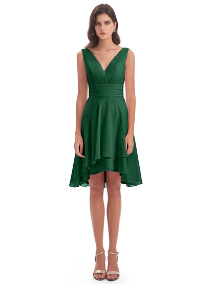 Esperanza Knee Length High Low V-neck Chiffon Bridesmaid Dresses