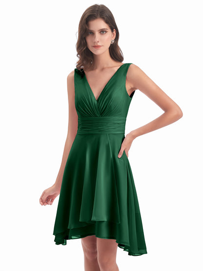 Esperanza Knee Length High Low V-neck Chiffon Bridesmaid Dresses