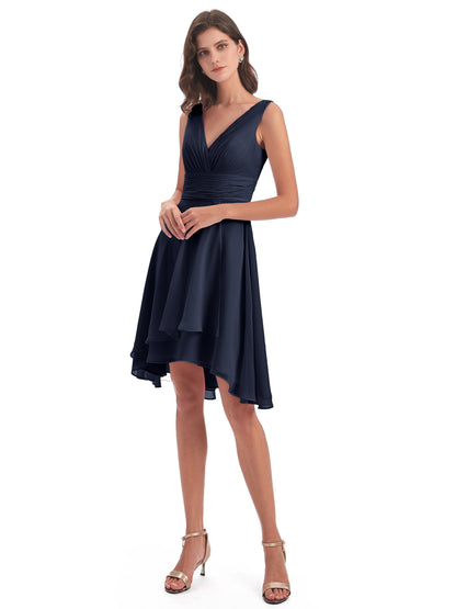 Esperanza Knee Length High Low V-neck Chiffon Bridesmaid Dresses