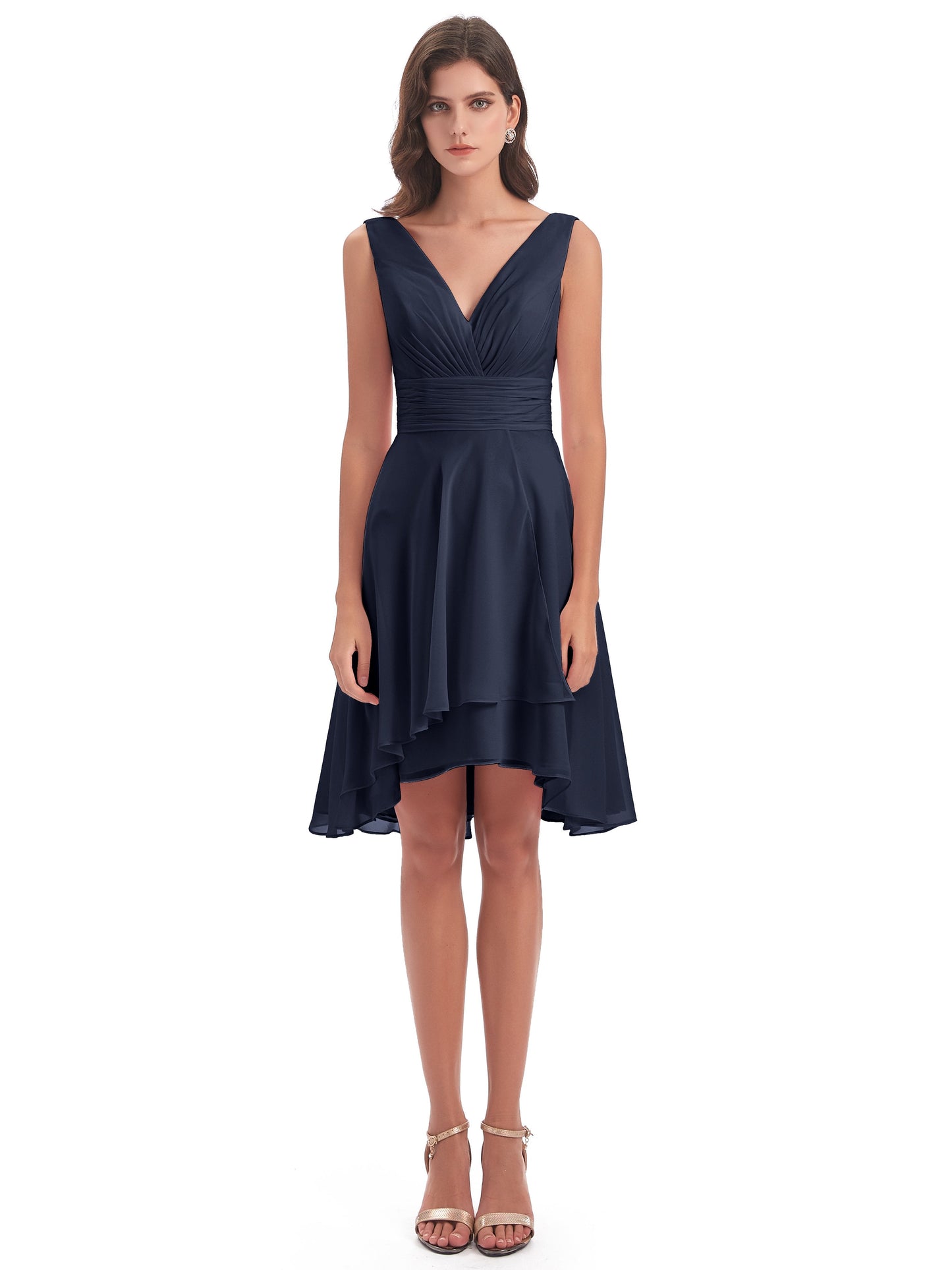 Esperanza Knee Length High Low V-neck Chiffon Bridesmaid Dresses