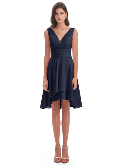 Esperanza Knee Length High Low V-neck Chiffon Bridesmaid Dresses