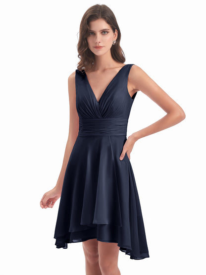 Esperanza Knee Length High Low V-neck Chiffon Bridesmaid Dresses