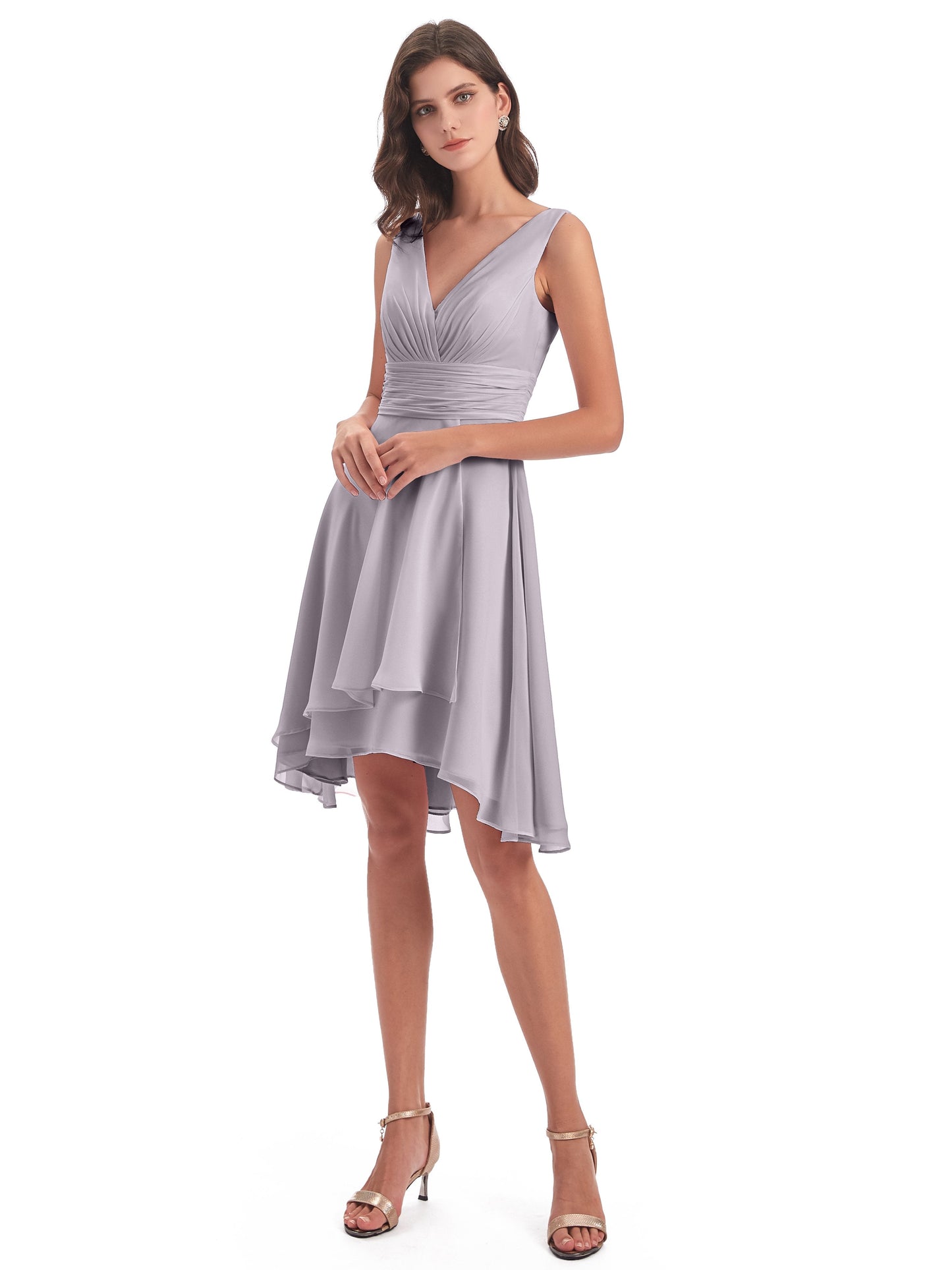 Esperanza Knee Length High Low V-neck Chiffon Bridesmaid Dresses