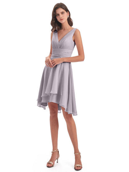 Esperanza Knee Length High Low V-neck Chiffon Bridesmaid Dresses