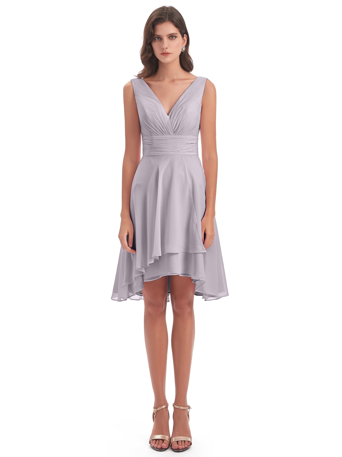 Esperanza Knee Length High Low V-neck Chiffon Bridesmaid Dresses