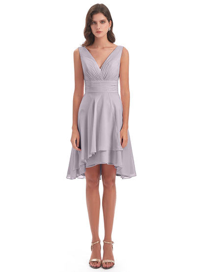 Esperanza Knee Length High Low V-neck Chiffon Bridesmaid Dresses