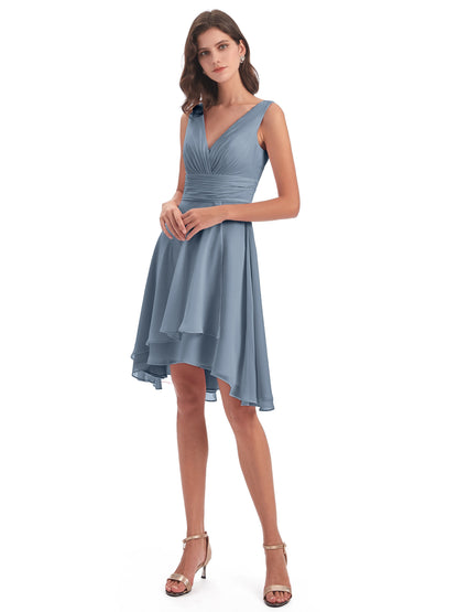 Esperanza Knee Length High Low V-neck Chiffon Bridesmaid Dresses