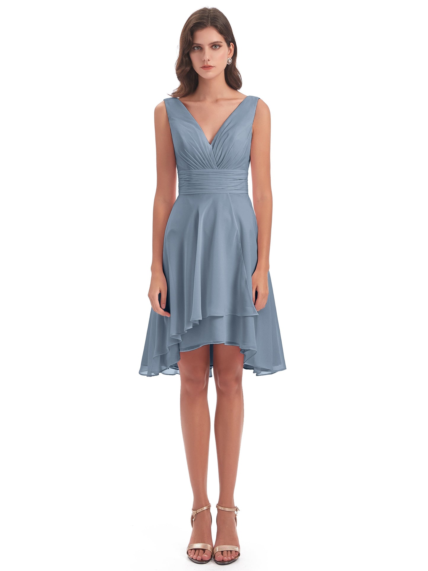 Esperanza Knee Length High Low V-neck Chiffon Bridesmaid Dresses