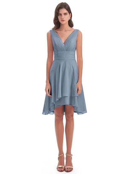Esperanza Knee Length High Low V-neck Chiffon Bridesmaid Dresses