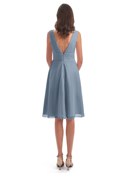 Esperanza Knee Length High Low V-neck Chiffon Bridesmaid Dresses