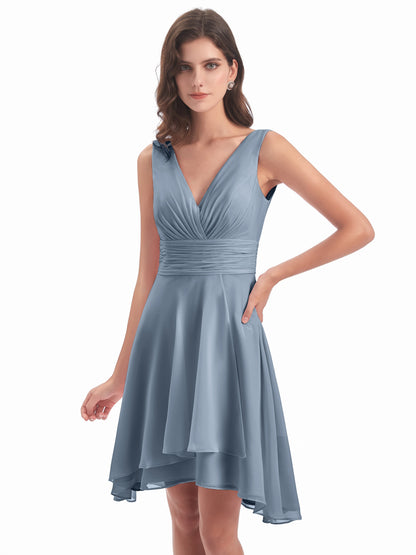 Esperanza Knee Length High Low V-neck Chiffon Bridesmaid Dresses
