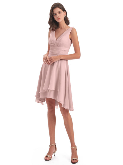 Esperanza Knee Length High Low V-neck Chiffon Bridesmaid Dresses