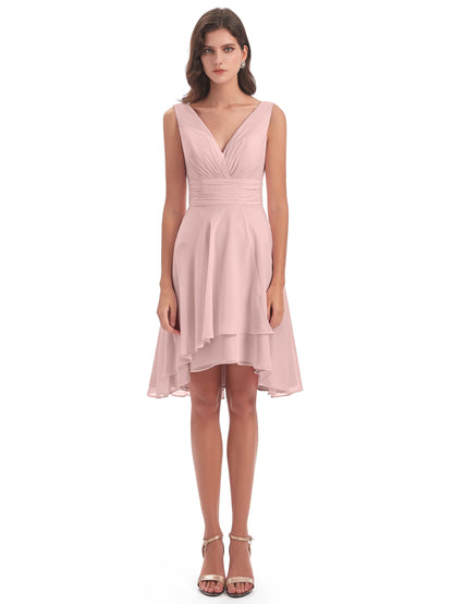 Esperanza Knee Length High Low V-neck Chiffon Bridesmaid Dresses