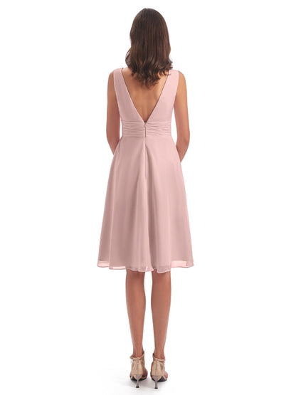 Esperanza Knee Length High Low V-neck Chiffon Bridesmaid Dresses