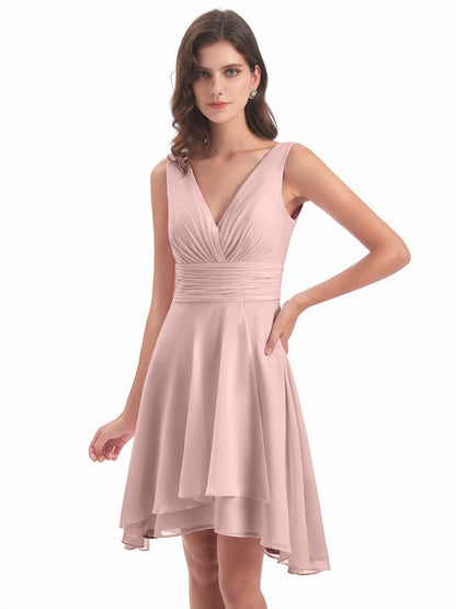 Esperanza Knee Length High Low V-neck Chiffon Bridesmaid Dresses