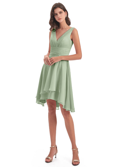 Esperanza Knee Length High Low V-neck Chiffon Bridesmaid Dresses
