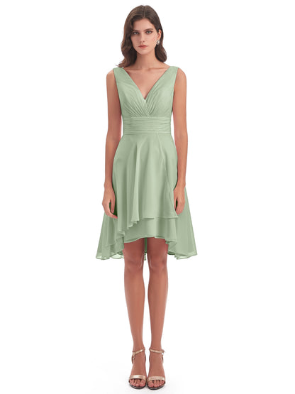 Esperanza Knee Length High Low V-neck Chiffon Bridesmaid Dresses