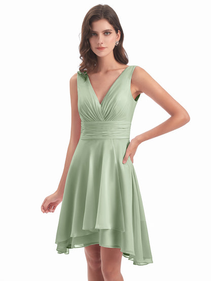 Esperanza Knee Length High Low V-neck Chiffon Bridesmaid Dresses