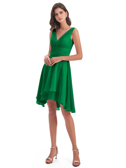 Esperanza Knee Length High Low V-neck Chiffon Bridesmaid Dresses