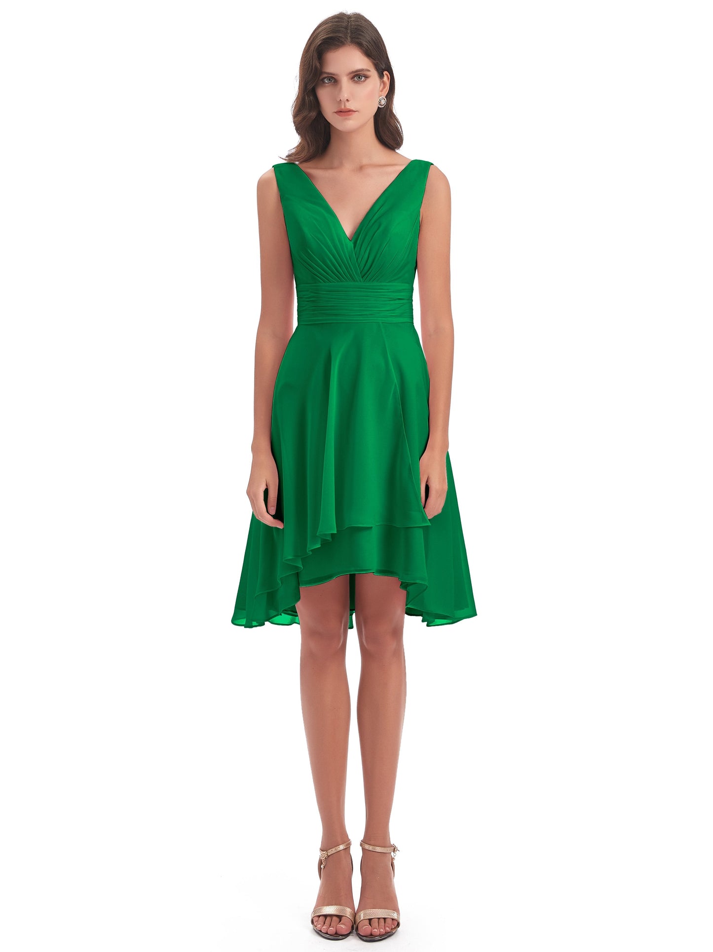 Esperanza Knee Length High Low V-neck Chiffon Bridesmaid Dresses