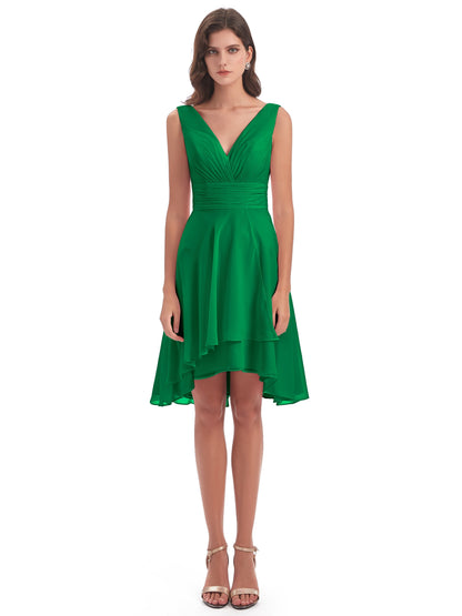 Esperanza Knee Length High Low V-neck Chiffon Bridesmaid Dresses