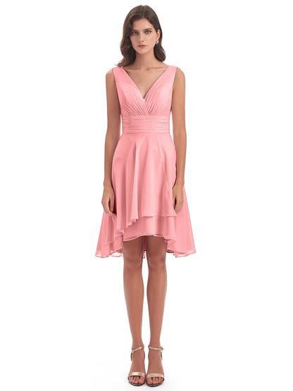 Esperanza Knee Length High Low V-neck Chiffon Bridesmaid Dresses