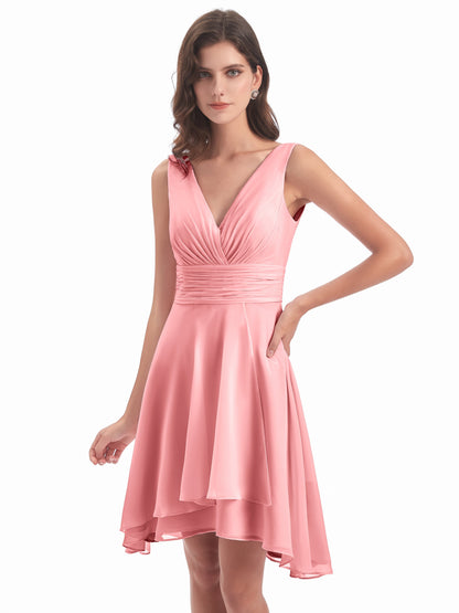 Esperanza Knee Length High Low V-neck Chiffon Bridesmaid Dresses