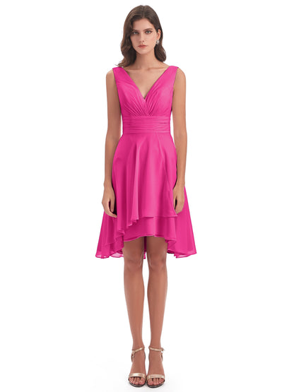 Esperanza Knee Length High Low V-neck Chiffon Bridesmaid Dresses