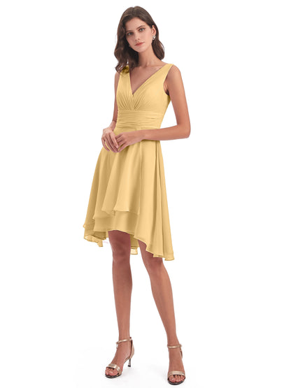 Esperanza Knee Length High Low V-neck Chiffon Bridesmaid Dresses
