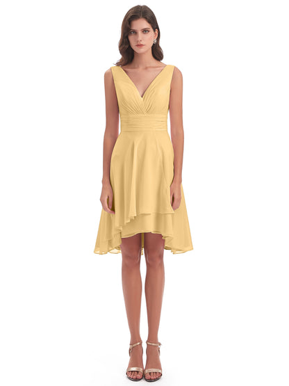 Esperanza Knee Length High Low V-neck Chiffon Bridesmaid Dresses