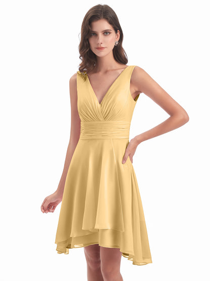 Esperanza Knee Length High Low V-neck Chiffon Bridesmaid Dresses
