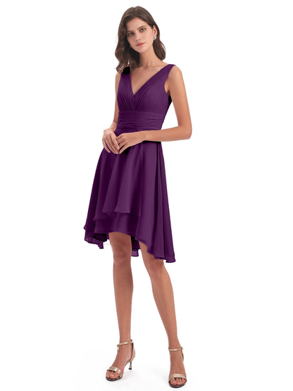 Esperanza Knee Length High Low V-neck Chiffon Bridesmaid Dresses