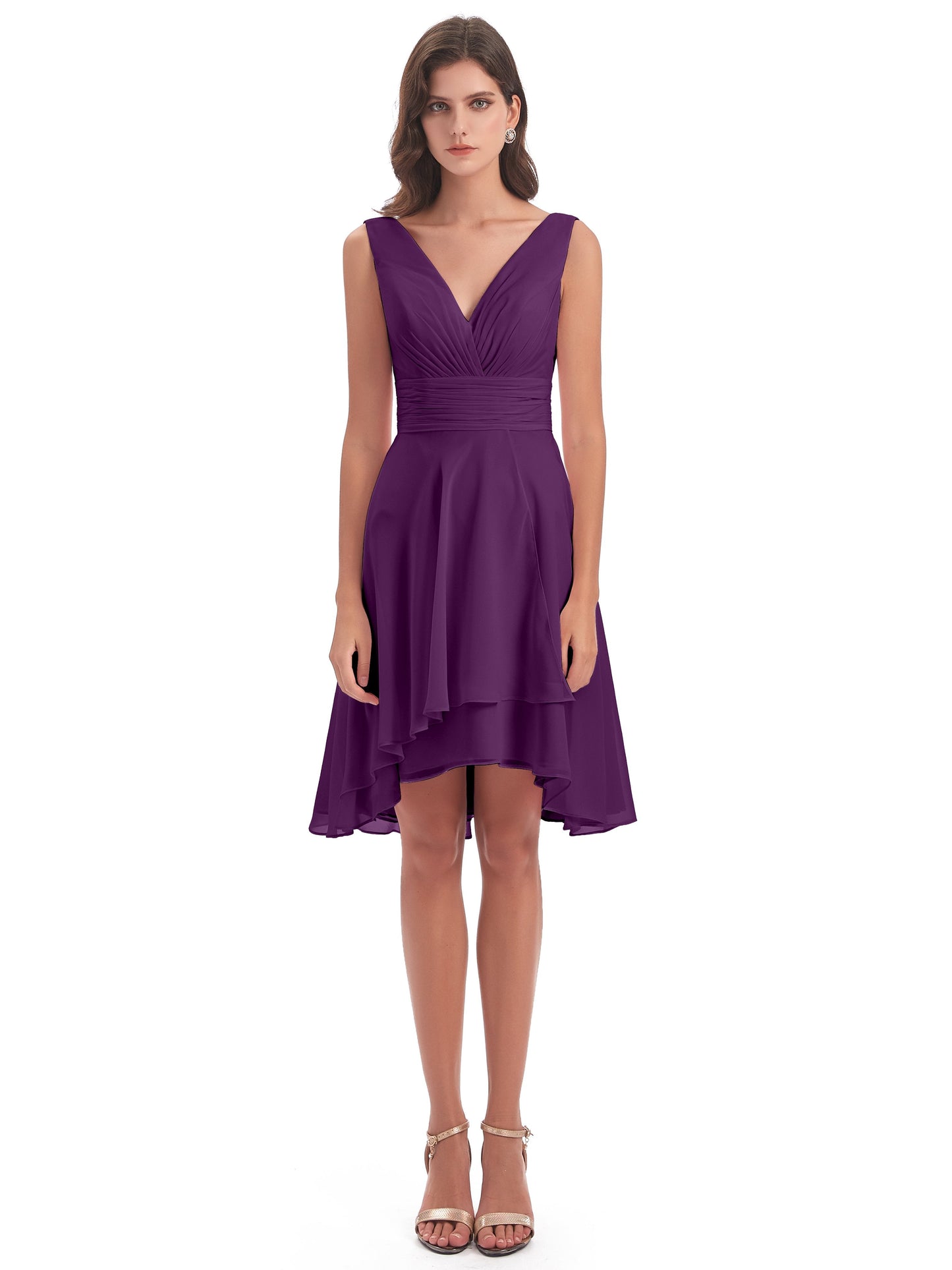 Esperanza Knee Length High Low V-neck Chiffon Bridesmaid Dresses