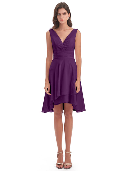 Esperanza Knee Length High Low V-neck Chiffon Bridesmaid Dresses