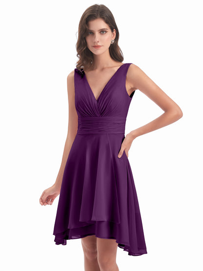 Esperanza Knee Length High Low V-neck Chiffon Bridesmaid Dresses