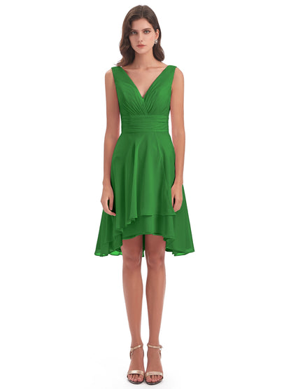 Esperanza Knee Length High Low V-neck Chiffon Bridesmaid Dresses