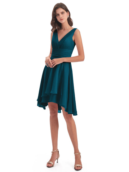 Esperanza Knee Length High Low V-neck Chiffon Bridesmaid Dresses