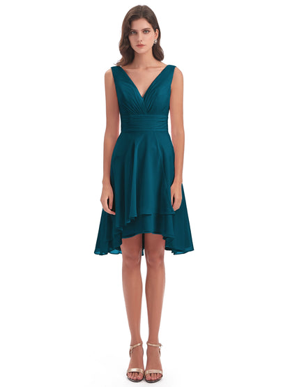 Esperanza Knee Length High Low V-neck Chiffon Bridesmaid Dresses