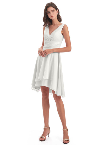 Esperanza Knee Length High Low V-neck Chiffon Bridesmaid Dresses